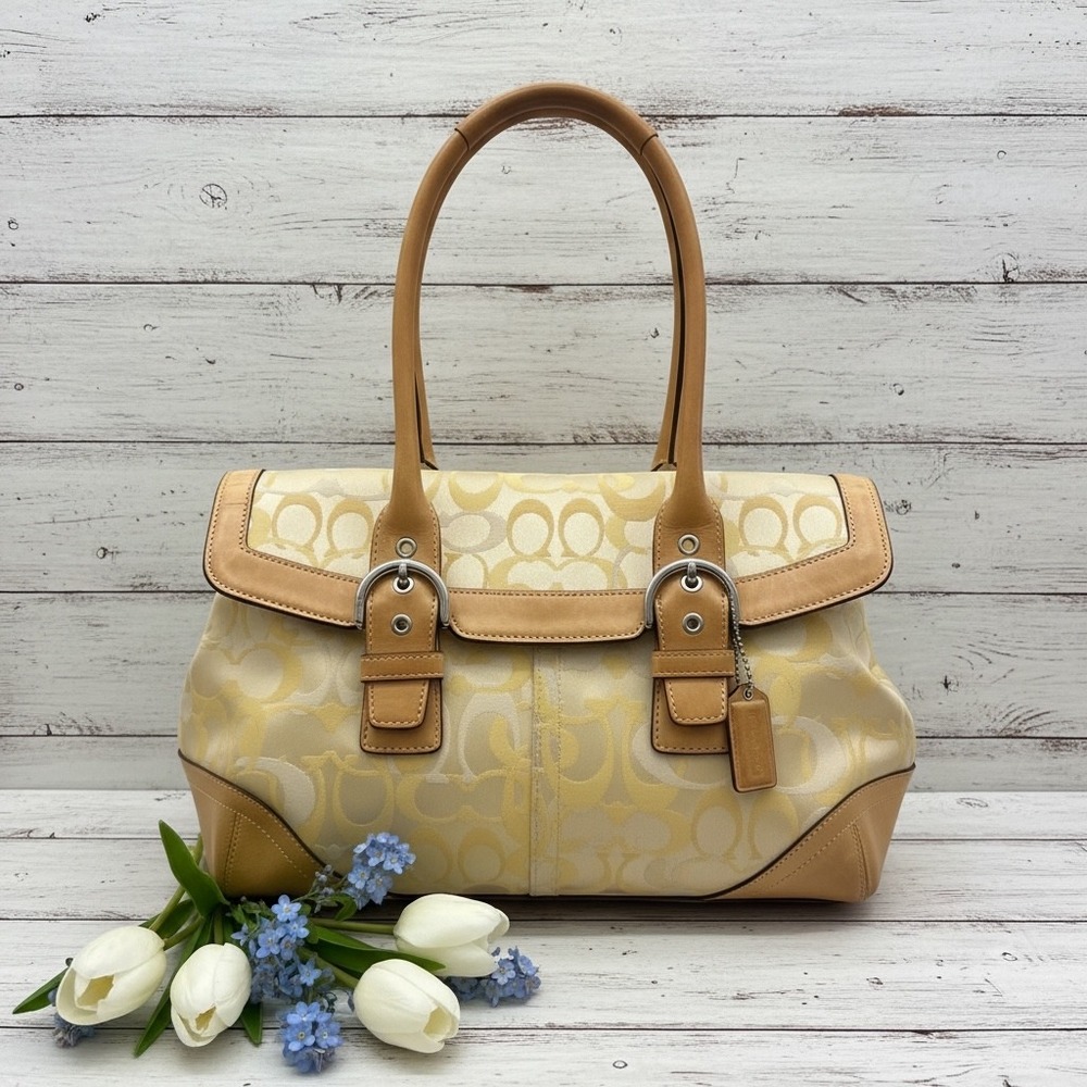 Coach Hamptons Weekend Womens Satchel Med Yellow Jacquard Leather 6722 Y2K Boho